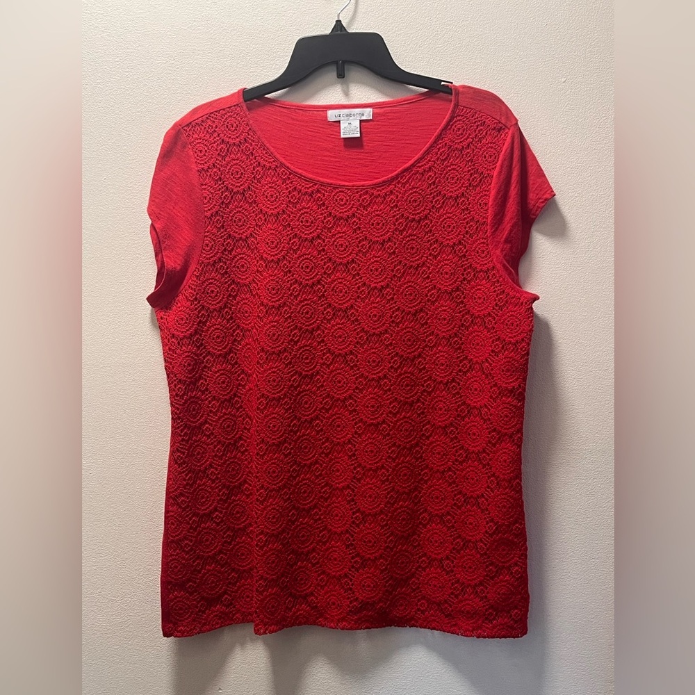 Liz Claiborne Lacy Overlay Classic Stylish Cap Sleeve T-Shirt, Sz XL, Red